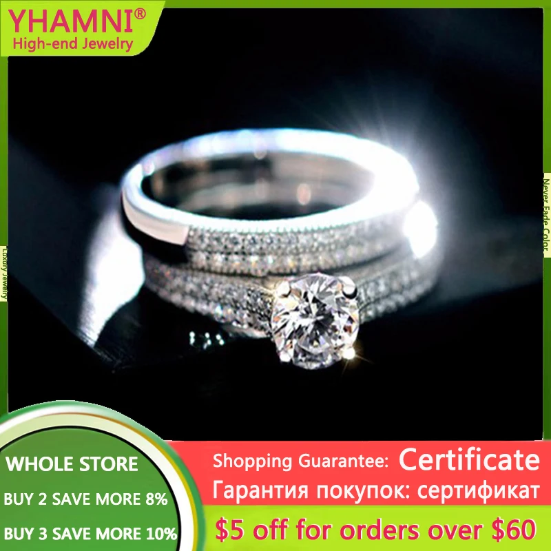 

YHAMNI 925 Silver Rings For Women Simple Design Double Stackable Fashion Jewelry Bridal Sets Wedding Engagement Ring Accessory