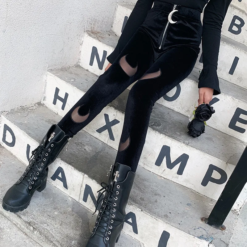 Облегающие сетчатые Лоскутные готические узкие брюки для женщин на молнии