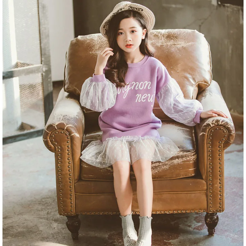 

Girls Temperament Dress Spring Autumn Kids Letters Stitched Puff Sleeves Princess Dresses 3-7 Years Children Cute Lace Clothes