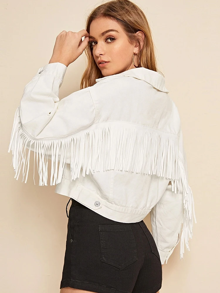 

Women's Casual Denim Jacket Short Coat Solid Single Breasted Turn Down Collar Jean Coat European Style Tassel Long Sleeve Coat