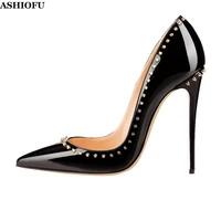 ashiofu new style handmade ladies sky heel pumps rivets spikes patent leather party dress shoes slip on evening fashion shoes