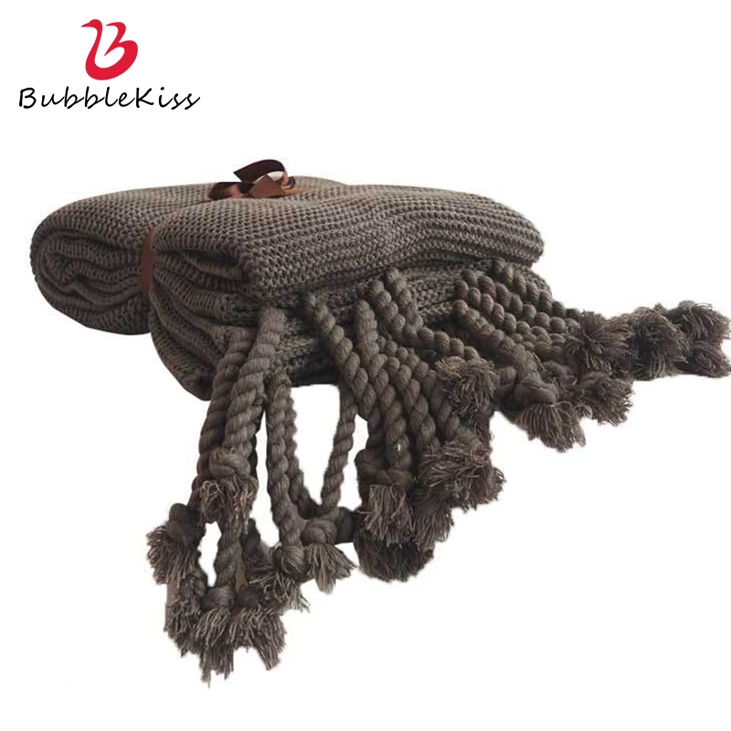 

Bubble Kiss American Style Knitted Blanket Solid Color Sofa Decorative Blanket Tassel Design Office Nap Air Conditioning Blanket