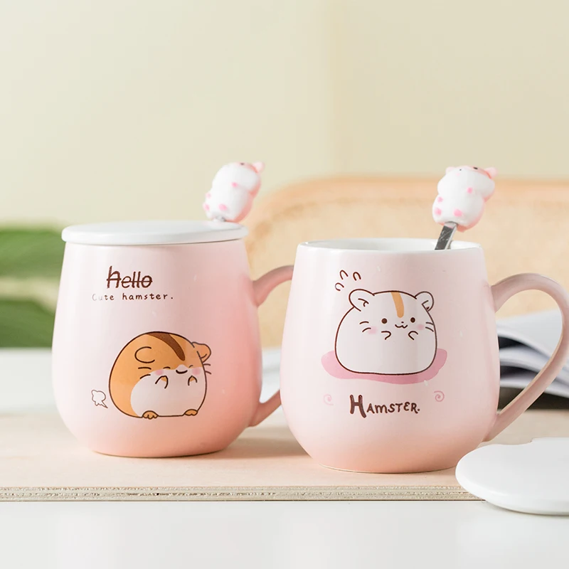 

Kawaii Hamster Mugs Creative Cartoon Ceramic Coffee Cup With Lid Spoon Cute Personality Mugs Office Milk Tea Breakfast Water Cup