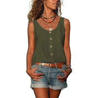 summer green v neck sleeveless tanks tops 2021 women buttons casual solid color harajuku vest fashion female plus size clothes