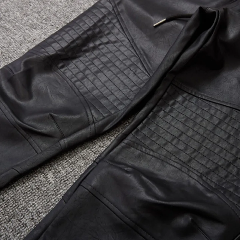 Мужские лоскутные брюки из ПУ кожи повседневные байкерские с поясом на шнурке