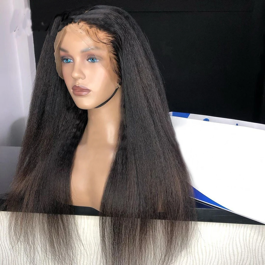 

Kinky Natural Hairline 150%Density Black Yaki Straight Lace Front Synthetic Wig For Women With Baby Hair Daily High Temperature