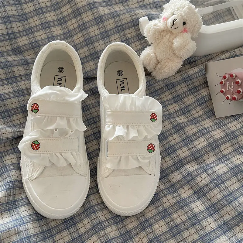 

Эспадрильи Kawaii женские с клубничным принтом в японском стиле Zapatillas Mujer холщовые кроссовки на липучке повседневная Белая обувь в стиле "Лоли...