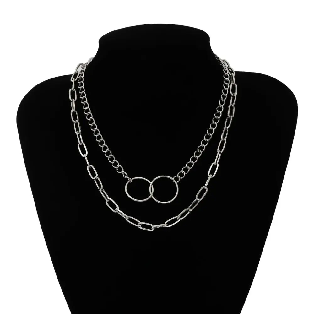 

IngeSight.Z 2Pcs/Set Punk Multi Layer Double Round Circle Lasso Choker Necklace Curb Cuban Pendant Necklaces for Women Jewelry
