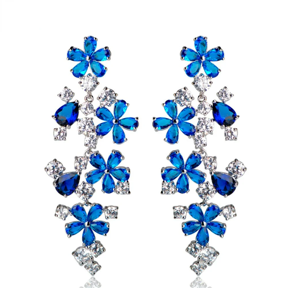 

BLUCOME Luxury Ocean Blue Rhinestone Flower Shape Long Drop Earrings Jewelry For Ladies Girl Party Ceremony Dress Accessories