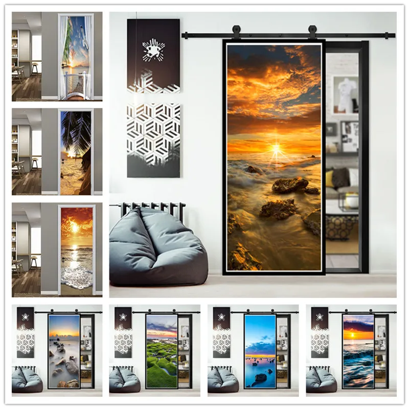 Наклейка на дверь закат океанская самоклеящаяся художественная плакат