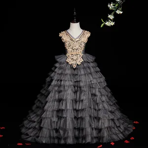 Детское вечернее платье для девочек, бальное платье для первого причастия, свадебные платья с цветами для девочек со шлейфом, детское пушистое элегантное платье
