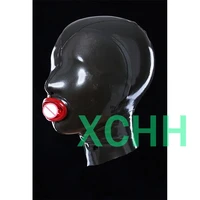 sexy black fetish latex hood mask gummi rubber mouth with red inner condom