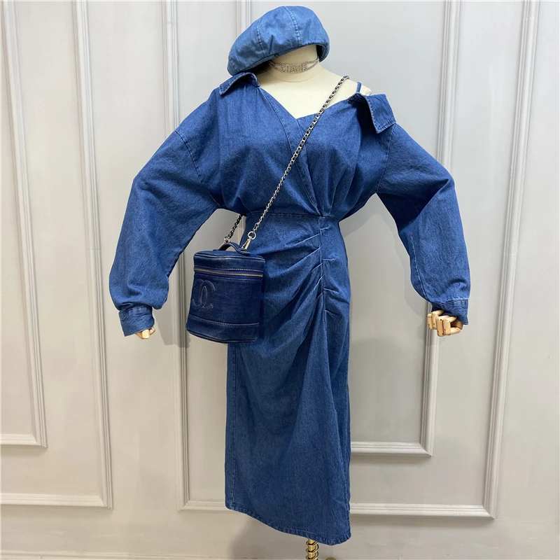 2020 джинсовое платье для женщин весеннее новинка с открытыми плечами на лямках