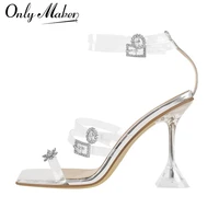 onlymaker women open toe metal buckle bright border high heel square stilettos ankle strap rhinestone transparent band sandal