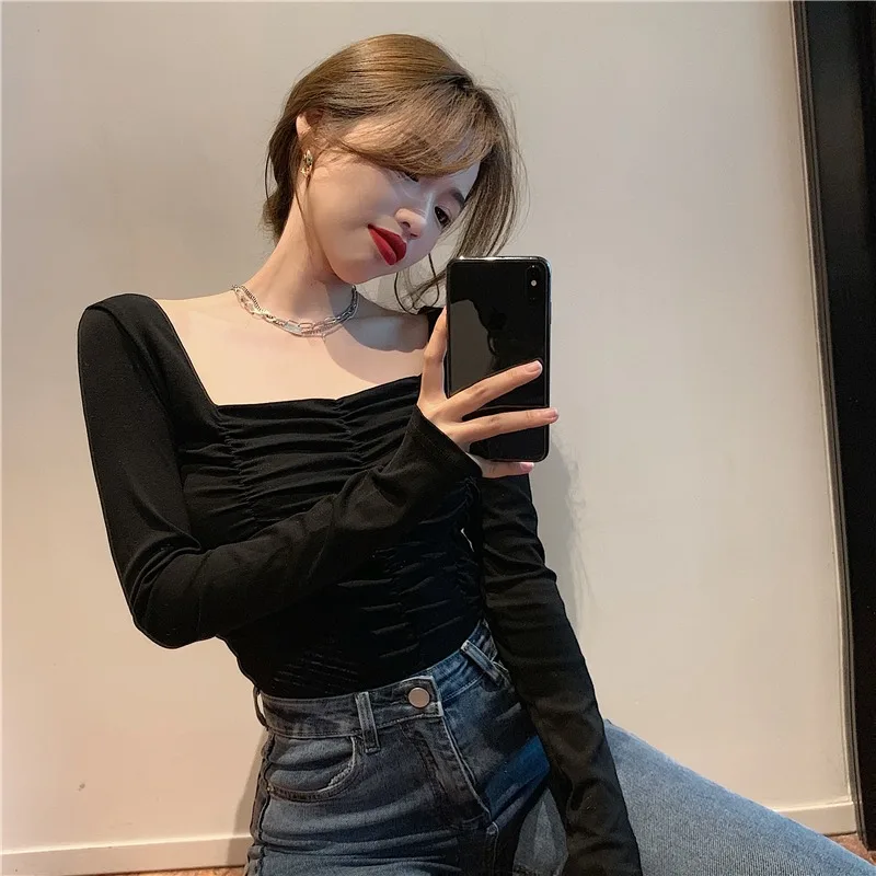 

Модная Корейская одежда, новинка, женская одежда на весну/осень, винтажные облегающие футболки, универсальные трендовые однотонные топы со ...