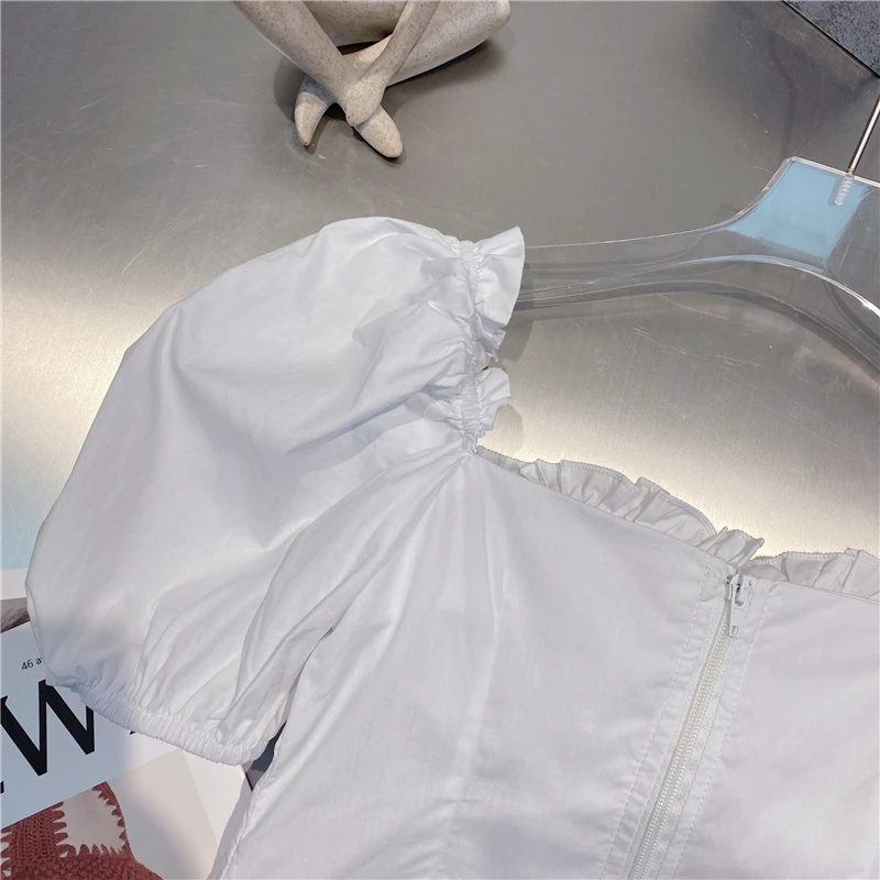 

2021 Summer Rhinestone Flower Sweet Blouse Shirt Women Black Blouses Lace Puff Sleeve Short Sleeve Shirts Top Female Crop Tops