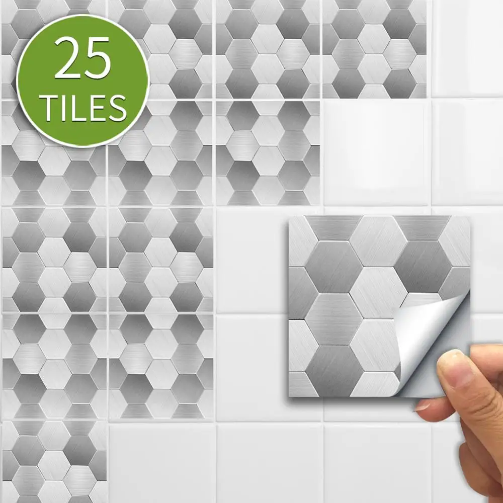 

25pcs Mosaic Tiles Wall Sticker for Kitchen Backsplash Bathroom Peel & Stick Self adhesive Vinyl Oil-proof Waterproof Silver