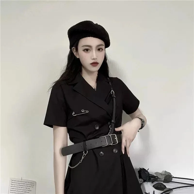

Dress Women Harajuku Retro Streetwear Notched Short Sleeve Zipper Slit Design Slim Causal Mujer Hipster Gothie Summer Vestido