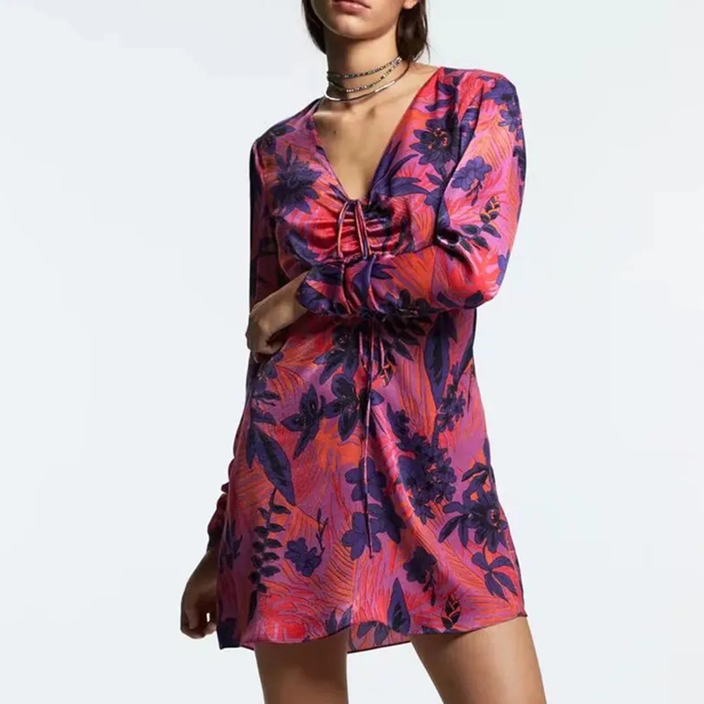 

2021 Printed Mini Dresses Women Sexy Adjustable Ruching Ties V-neck Dress Fashion Chic Pleats Long Sleeve Autumn Woman Dress