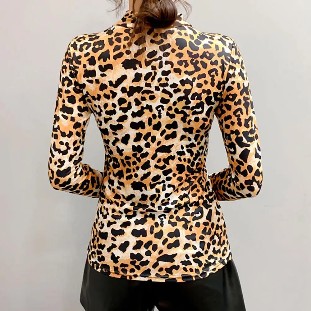 

Leopard Print Women's Blouses Shirts Spring Female Sexy Mock Neck Top Sheer Patchwork Long Sleeve Shirts Vetements femme hiver-