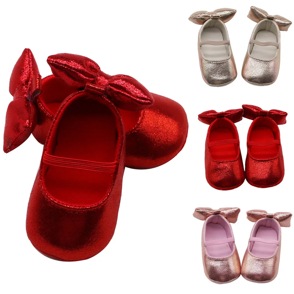 Однотонные туфли для новорожденных девочек с аппликацией и блестками мягкой