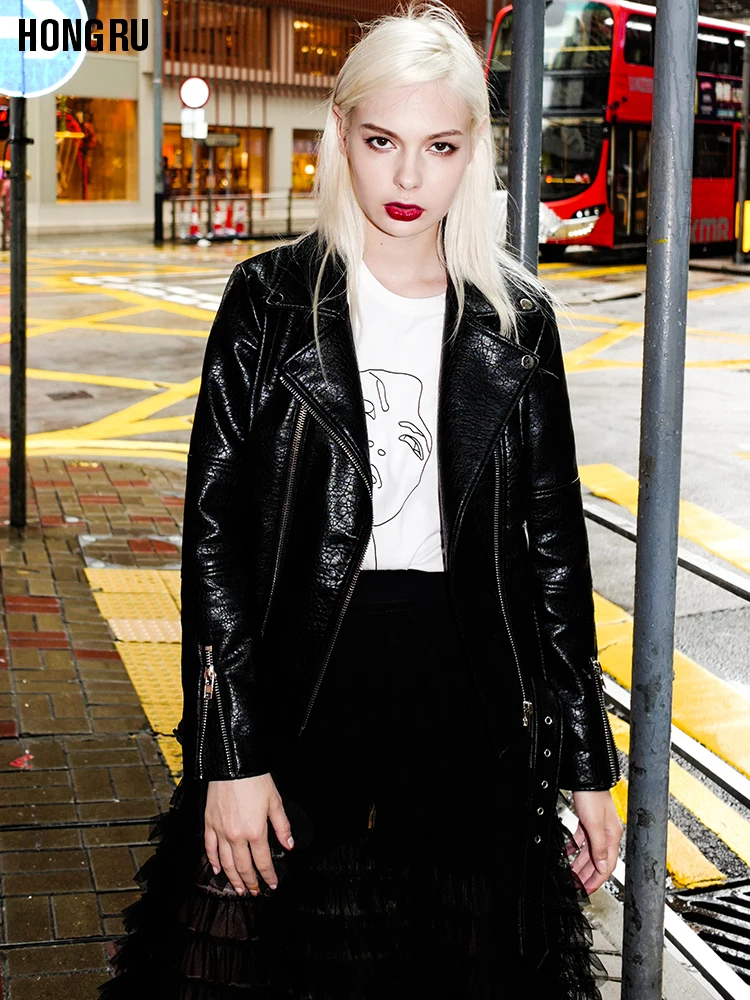 Куртка женская короткая мотоциклетная из искусственной кожи куртка с длинным