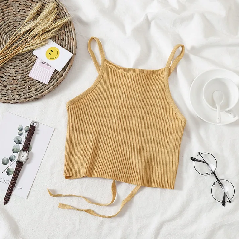 Для женщин укороченный Топ вязаный бандажный Спагетти Клубные майки Холтер Танк
