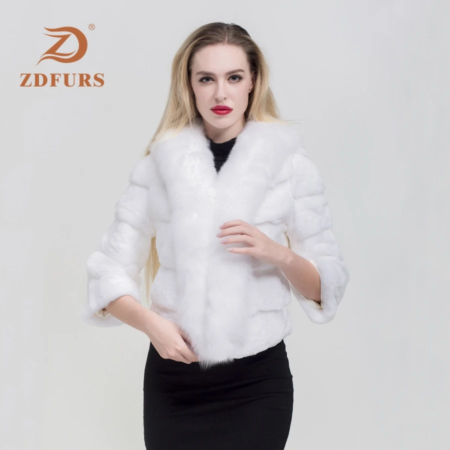 ZDFURS* 2019 new fashion whole skin rex rabbit fur coat female winter new big fox fur collar fur coat warm fur outerwear