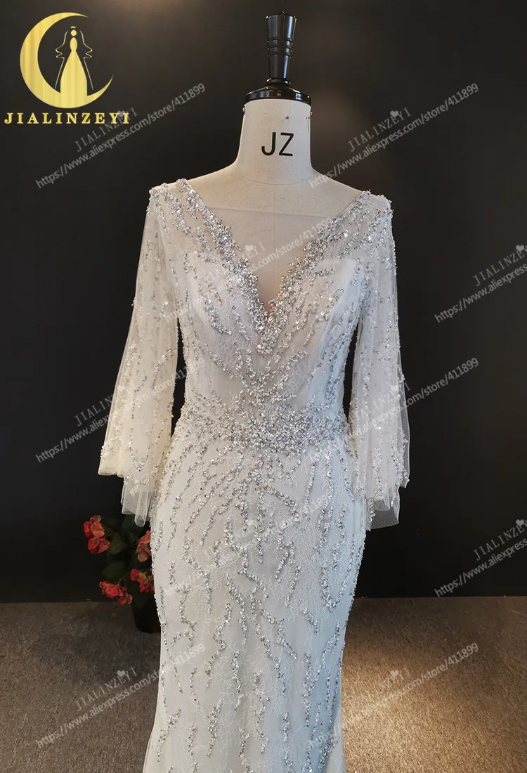 

Rhine Real New Sexy V Neck Big Sleeves Lace Small Beads Mermaid Wedding Dresses 2021 robe de mariage