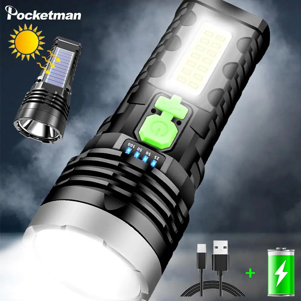 

USB/Solar Charging Flashlight with COB Side Light Solar Flashlight Waterproof Hand Light Built-in Battery Torch for Camping Lamp