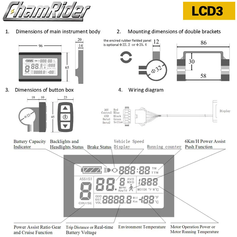 LCD3 Ebike Display LCD8HU KT LCD Electric Bicycle Meter LCD5 For KT Intelligent Controller 52V 48V 36V LCD Panel Waterproof Plug