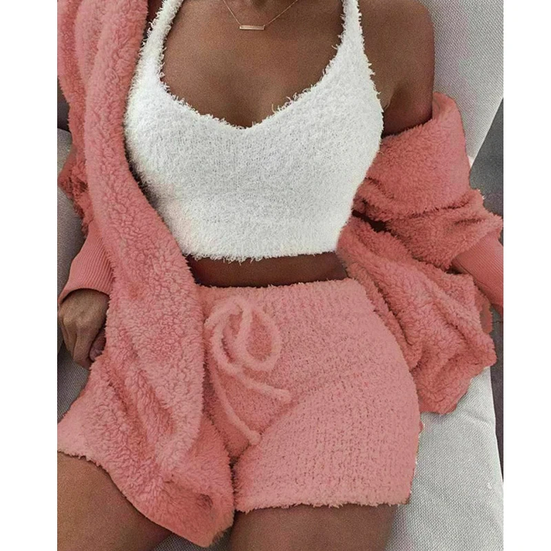 

Fluffy Hooded Long Sleeves Coat Open Front Teddy Shorts Vest Set for Women Winter SEC88