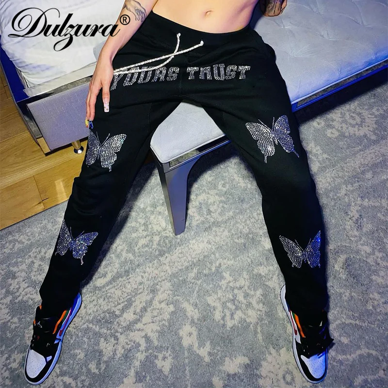 

Dulzura с изображением бабочки и букв, стразы для женщин с высокой талией тренировочные брюки свободного покроя в уличном стиле, штаны для бега ...