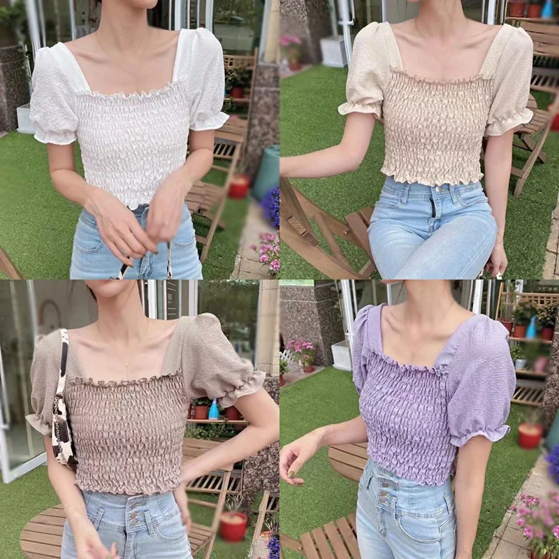 

Summer Women's Solid Square Collar Blouses Top Sexy Slim Expose Navel Short Sleeve Casual Shirt