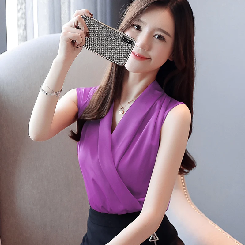 Шелковые блузки женские летние атласные Блузки Рубашки корейские v-образным