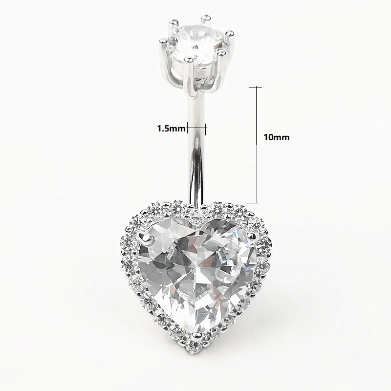 Женское кольцо на пупок из серебра 925 пробы с кристаллами в форме сердца