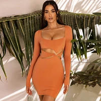 2021 fall new womens sexy orange long sleeve v neck hollow bandage mini dress fashion party cocktail party bodycon dress