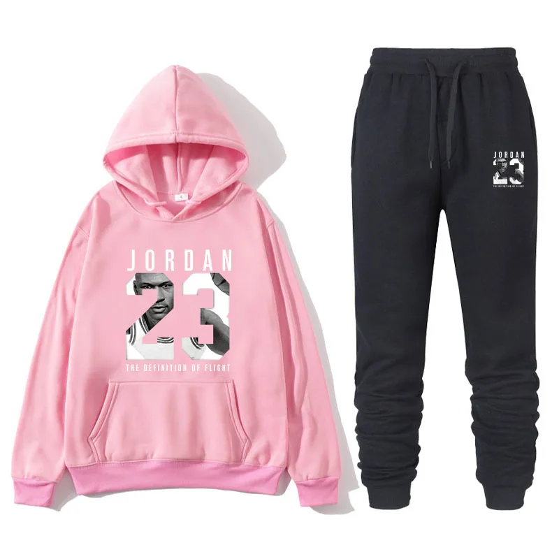 New men's sweater suit 23 sportswear sweater suit fleece hoodie+ sports pants jogging men's and women's sweater 3XL sportswear - Color: Pink