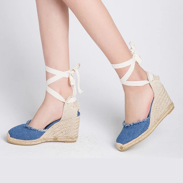 Эспадрильи на танкетке для женщин холщовые туфли с эффектом потертости каблуке 9
