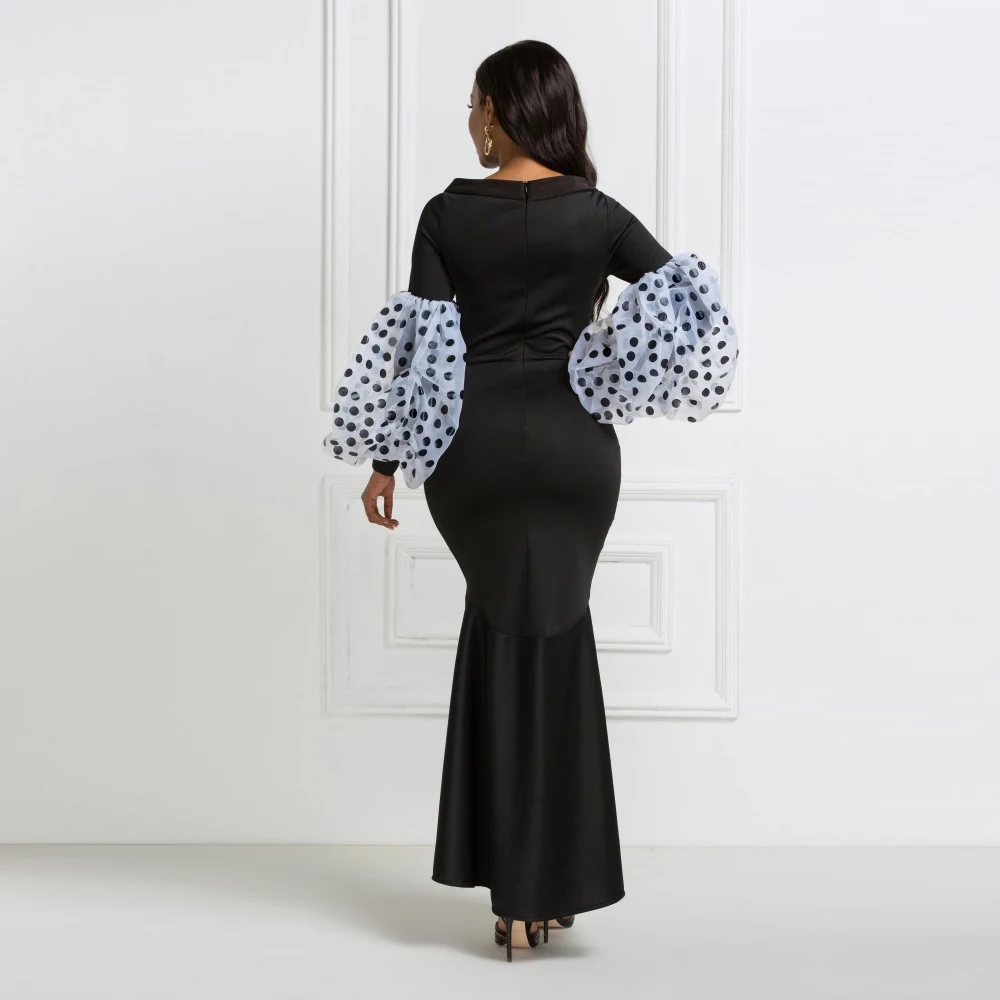 Черное Платье макси с длинным рукавом длинными пышными рукавами в горошек