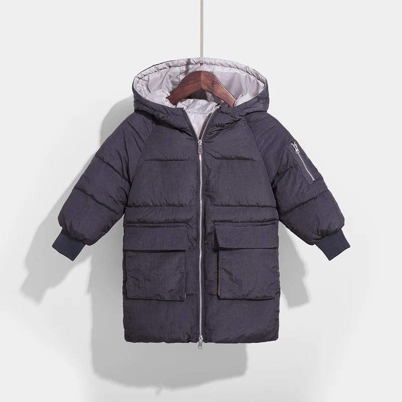 Dark Grey Белый Ангел; теплые зимние пальто для девочек; однотонные куртки средней длины с капюшоном для мальчиков-подростков; утепленные детские парки с подкладкой; Верхняя одежда для детей - Цвет: Dark Grey