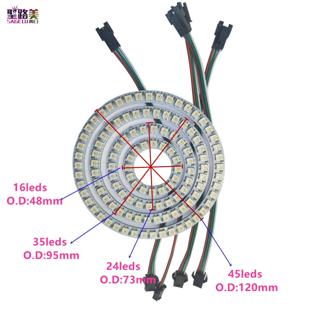 Светодиодная Пиксельная лампа ws2812b SMD5050 5 в постоянного тока 16/24/35/45 светодиодов