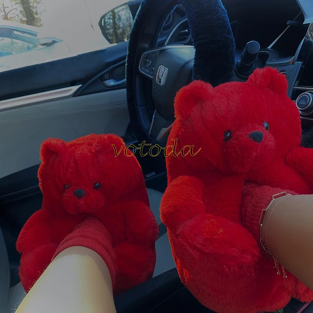 Teddy Bear Slippers Women Cute Cartoon Slides Furry Warm Soft Shoes Home Non-slip Cotton Flip Flops Rainbow Teddies Bear Slipper best house slippers