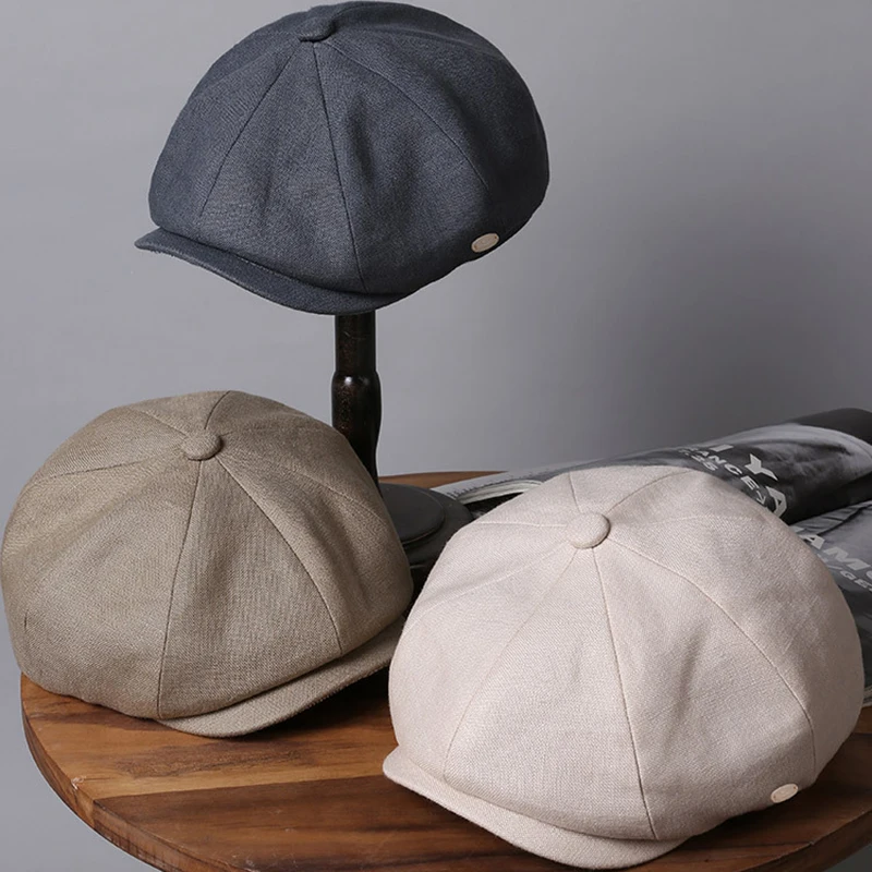 

Men100% Linen Plaid Newsboy Hat Women Gatsby Cap Retro Gray Beret Hat Women Spring Autumn Winter British Painters Hat BLM391