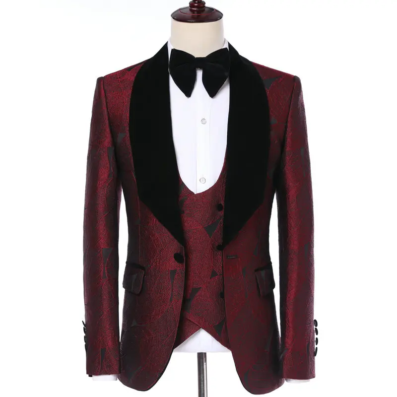 

2022 Elegant Groom Dress Classic Italian Tuxedo Suit Design Burgundy Leaves Velvet Lapel Men Suits For Wedding Party Tuxedos