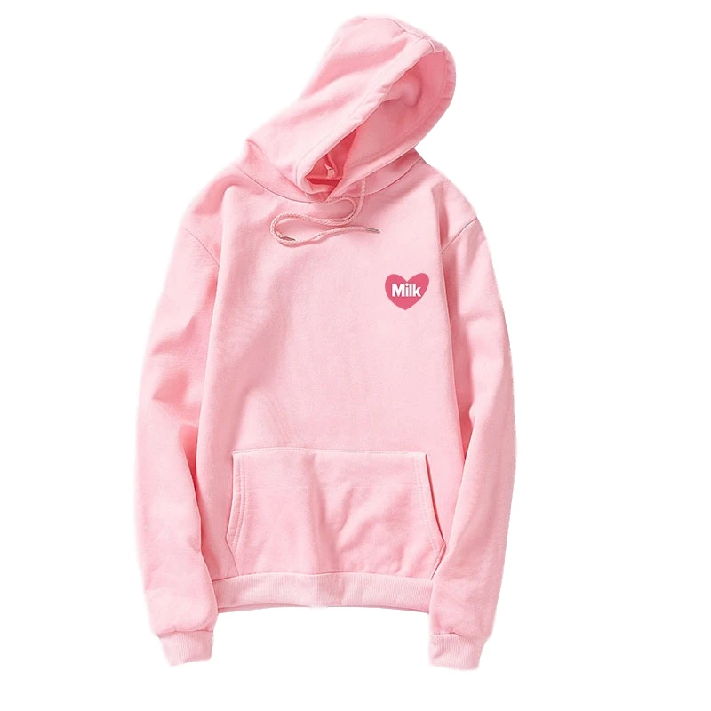 Розовый Harajuku флисовые толстовки для женщин клубничное Молоко печати Kawaii повседневные свободные толстовки пуловер с капюшоном Корейская одежда - Цвет: Розовый