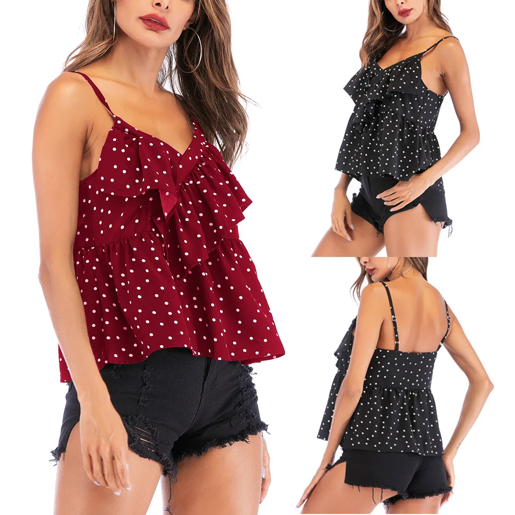 Модные топы в горошек с оборками на бретельках повседневные летние женские