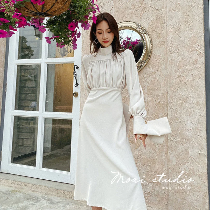 

Solid Elegant Dress Women Spring Patchwork Party Midi Dress Female Office Lady Casual French Korean One-piece Dress Women 2021