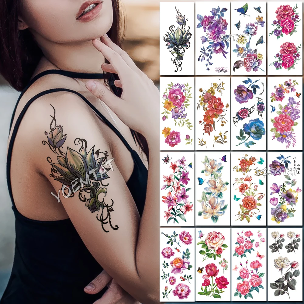 

Dark Lotus Flower Temporary Tattoos for Women Hand Tattoo Sticker Fashion Body Chest Art Waterproof Arm Fake Tatoo