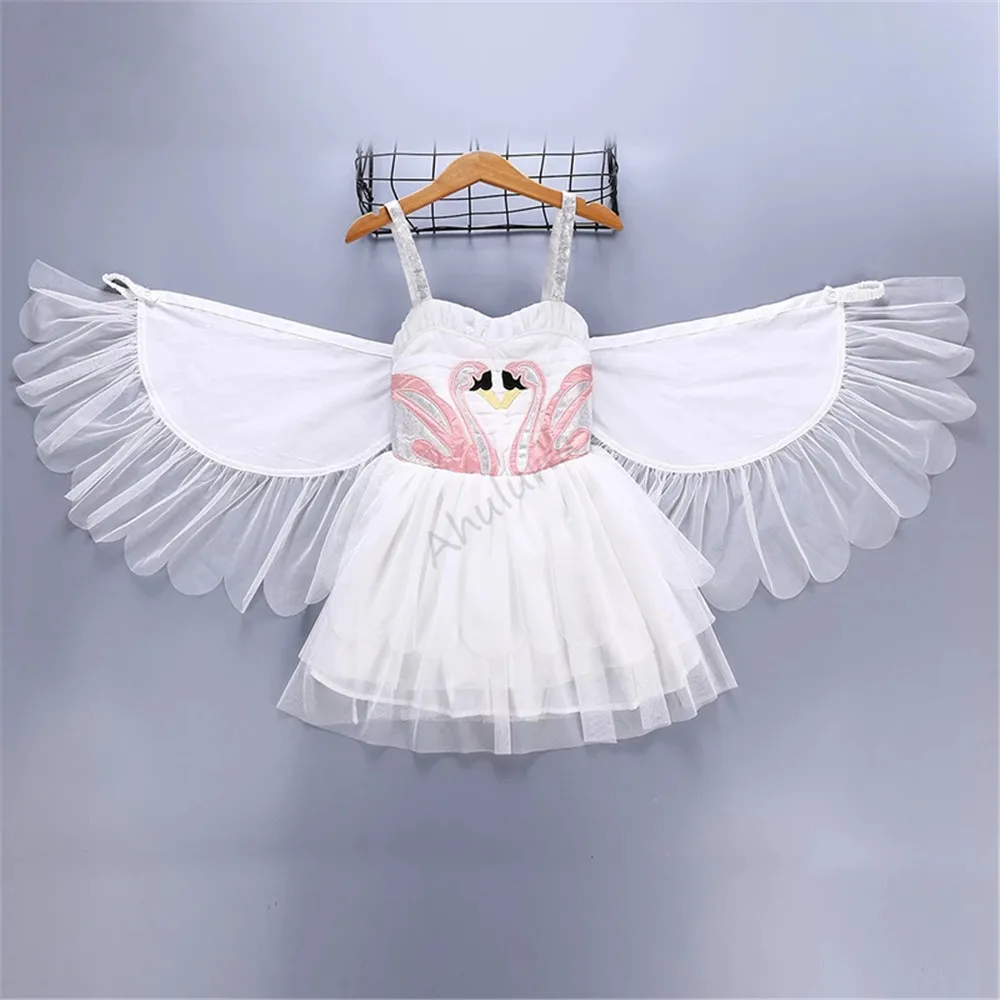 Girls White Swan Lake Ballet Tutu Party Dress With Removable Wings Birthday Angel Princess Halloween Costume Kids Cosplay C218